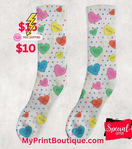Valentines Day Custom Imprint Candy Hearts Socks